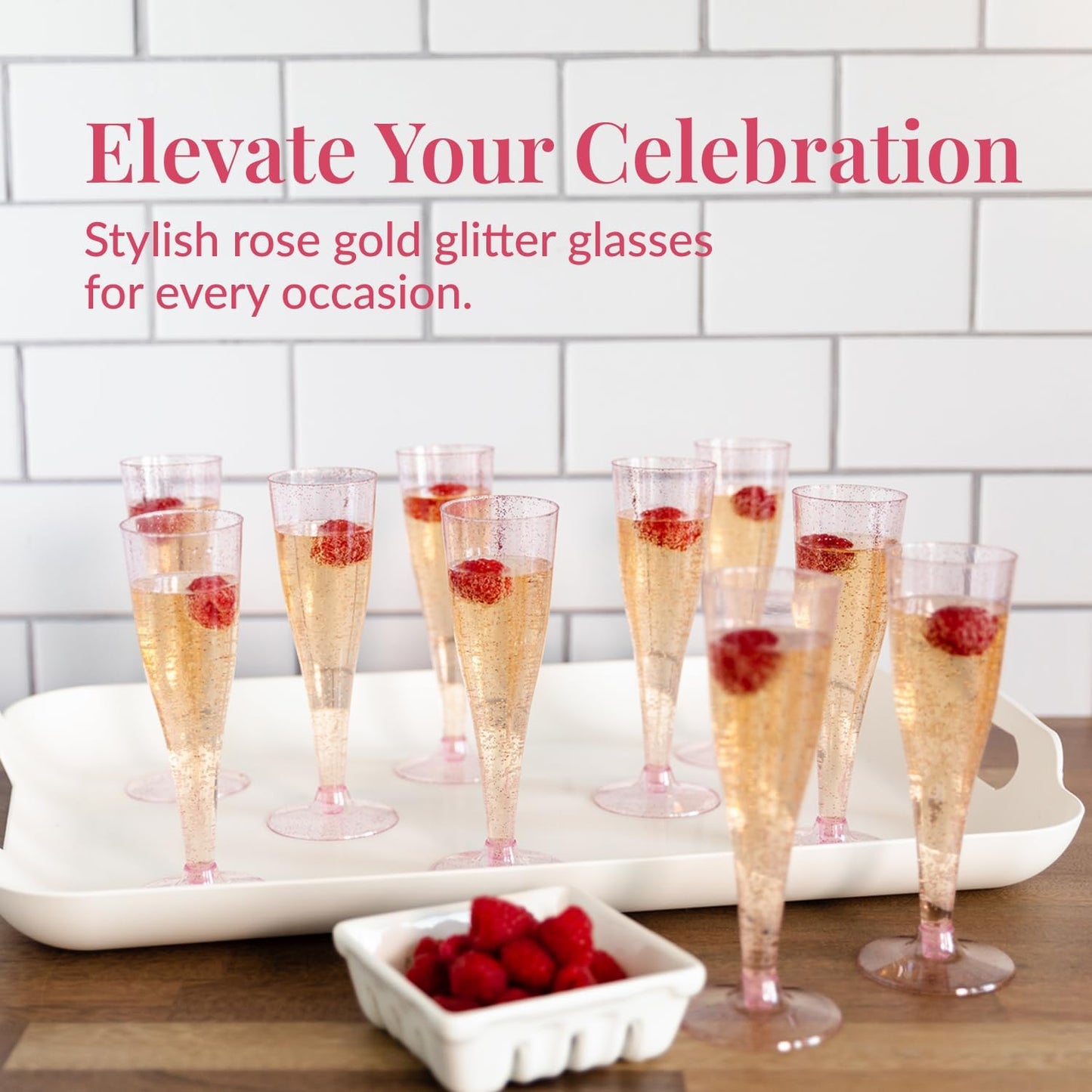 Prestee 24 Piece Plastic Champagne Flutes - 4.5 oz Plastic Wine Glasses with Rose Gold Glitter - Cocktail Glasses for Parties - Party Supplies for Mimosa Bar, Wedding, Shower Party and New Years Eve