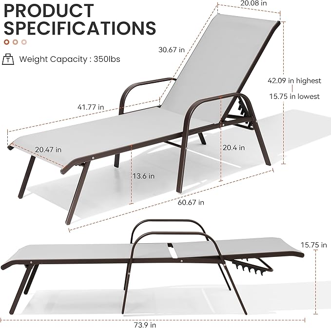 Crestlive Products Outdoor Chaise Lounge Chair, 5-Position Pool Lounge Chairs - Image 2