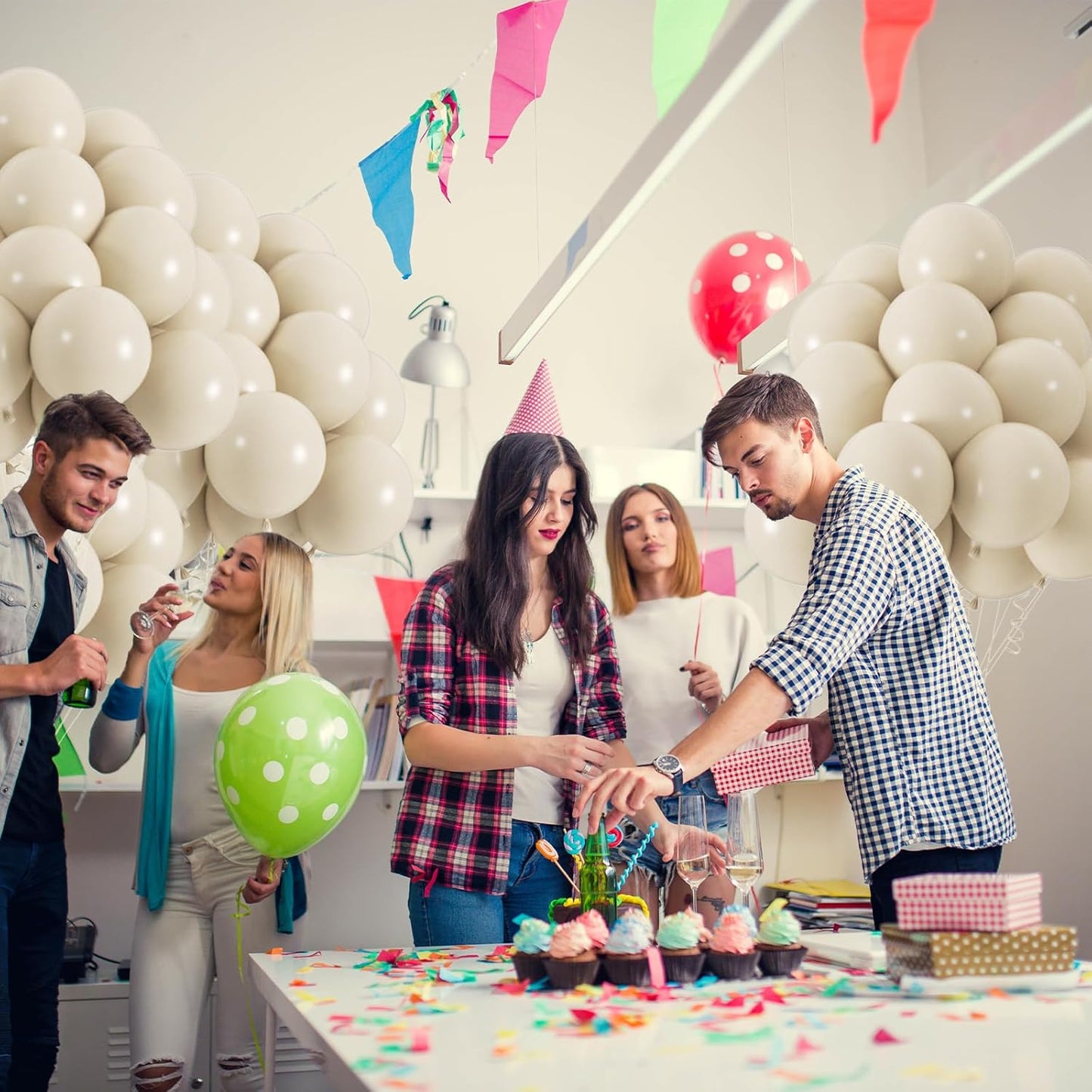 100pcs Sand White Balloons, 12inch Ivory White Party Latex Balloons for BOHO Wedding Birthday Baby Bridal Shower Gender Reveal Party Decoration (with 66ft Ribbon)