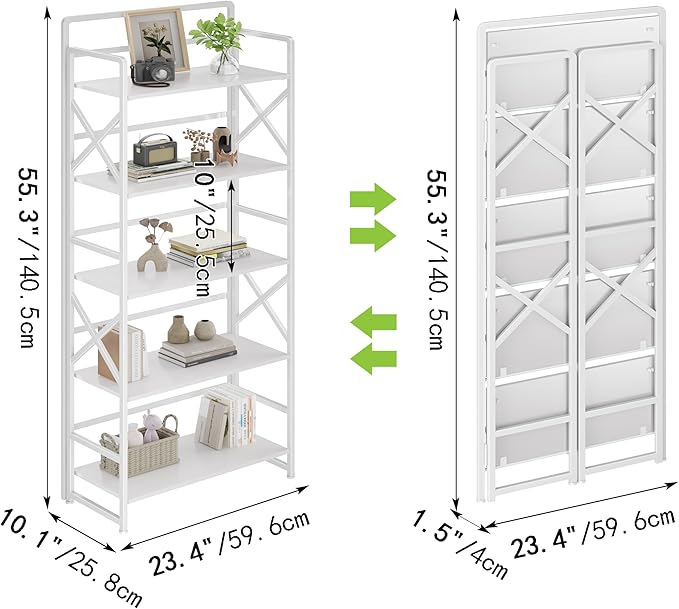 No Assembly Folding Bookshelf, 5 Tiers Vintage Wood Collapsible Book Shelf - Image 3