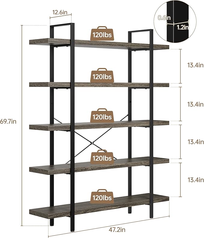 OtterOasis Bookshelf Set, Heavy Duty 5-Tier Industrial Bookcase, 120lbs Shelf - Image 2