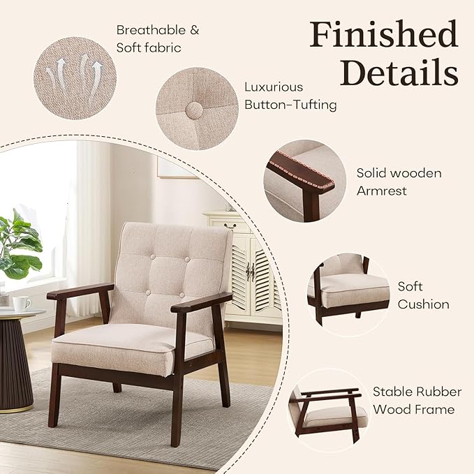 Bonzy Home Fabric Mid-Century Modern Accent Chair Set of 2, Upholstered Armchair - Image 5
