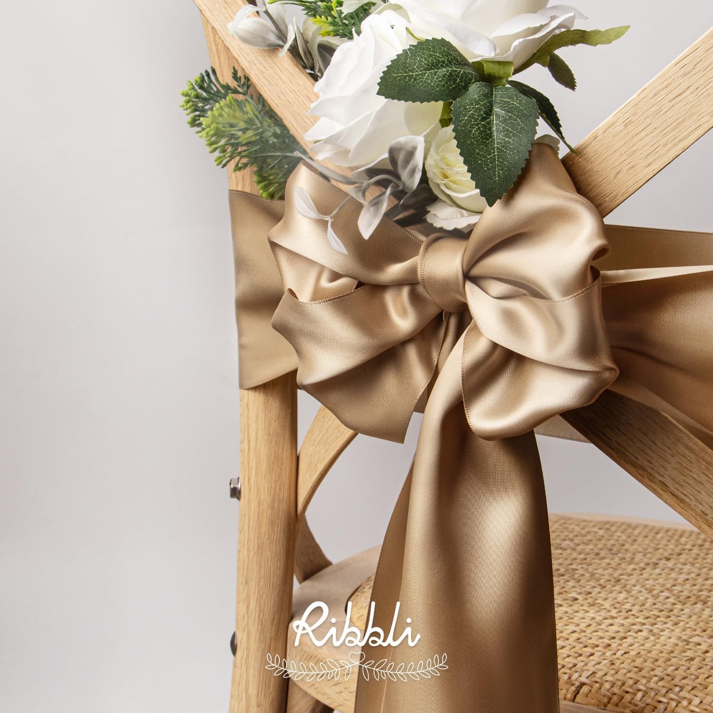 Ribbli Champagne Gold Satin Ribbon 4 Inch Wide Champagne Ribbon for Wedding Chair Sash Grand Opening Ceremony Big Bows Gift Wrapping Floral Crafts Cake Decor-Double Faced Satin Continuous 10 Yards