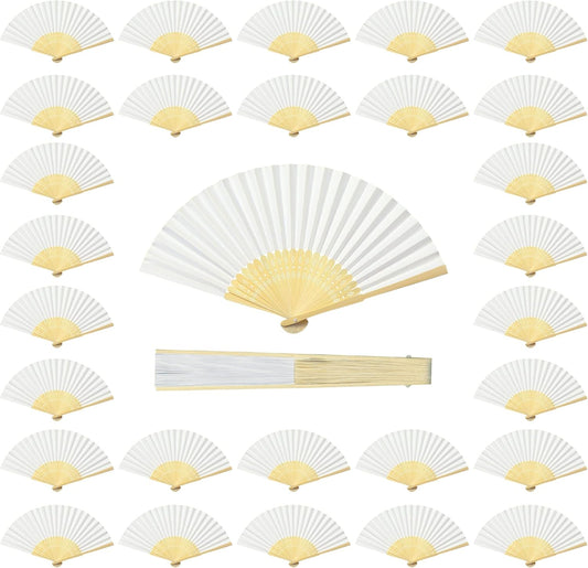 Coucoland 100 Pcs White Bamboo Folding Handheld Fan Hand fan for Wedding Home Decoration Party Favors Bridal Dancing Party