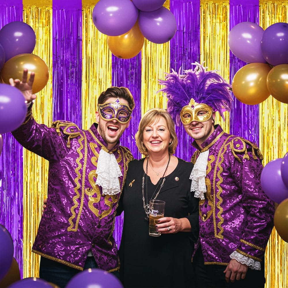 BEISHIDA 2Pcs Purple Gold Door Streamers Congrats Grade 2025 Decoration Backdrop Foil Fringe Tinsel Party Streamers Curtains for Birthday Graduation Mardi Gras Lakers Decoations (3.28 ft x 6.56 ft)