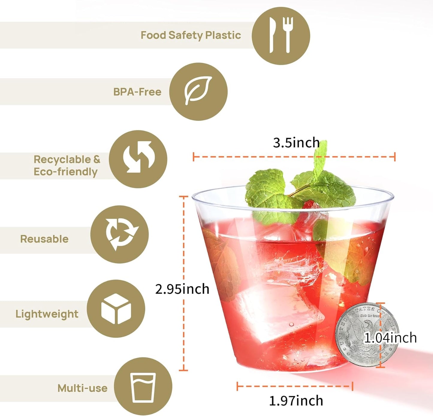 100Counts 9 OZ. Disposable Cups Old fashioned Party Tumblers, 9 Ounce Squat Cups Clear Hard Plastic Cups for Party Wedding