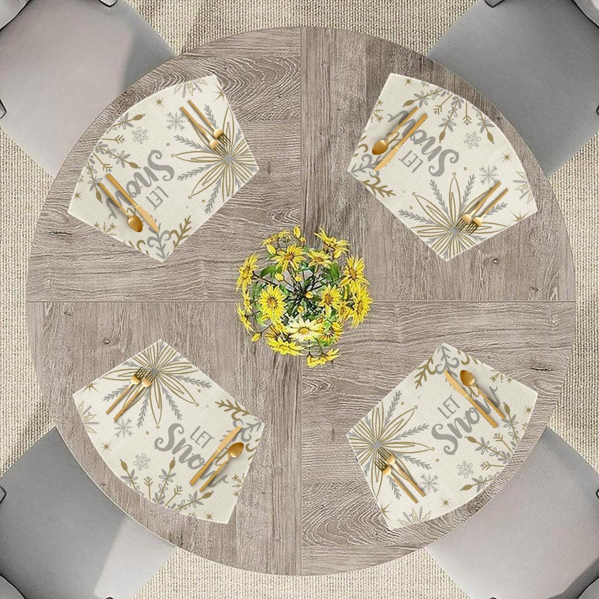 Artoid Mode Christmas Snowflakes Wedge Shape Placemats for Round Table Set of 6, Let it Snow Winter Winter Seasonal Kitchen Dining Table Decoration for Indoor Party Home