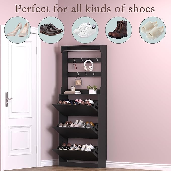 BORNOON Shoe Cabinet with 3 Flip Drawers & Coat Rack, Narrow Hidden Shoe - Image 4