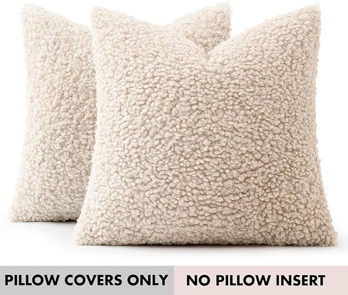 Faux Fur Throw Pillow Covers 24x24 Inch Set of 2 Euro Boucle Neutral Decorative - Image 7