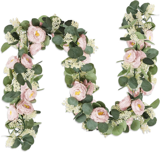 MAKHOT 2 Pcs Pink 6.6Ft Artificial Eucalyptus Garland with Fake Rose Flower Vine (Pink2)