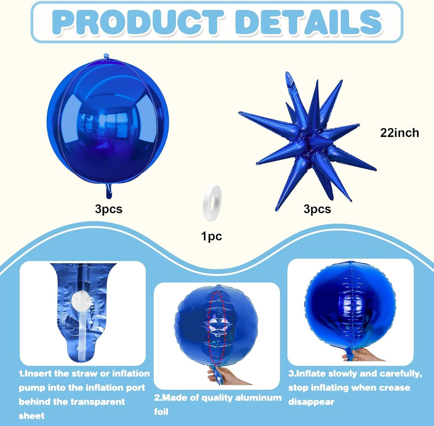 6Pcs Navy Blue Foil Balloons,22Inch Royal Blue 4D Round Ball Balloon and Explosion Star Balloon for Birthday Wedding Baby Shower Anniversary Party Decorations