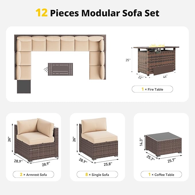Aoxun Patio Furniture Set with Fire Pit Table, 12 Piece Outdoor Sectional Sofas - Image 7