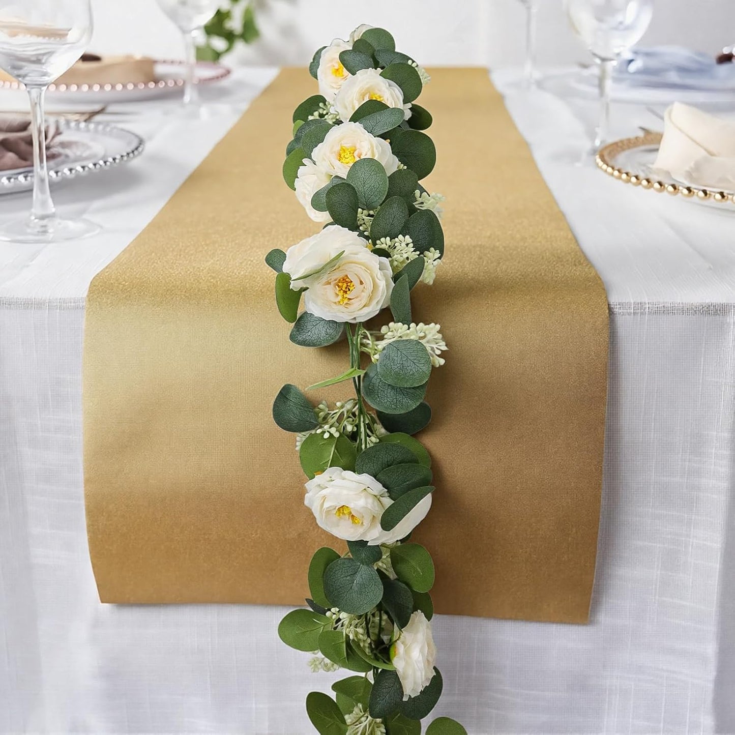 MAKHOT 2PCS 6.6Ft Artificial Eucalyptus Garland, Green Vines and Champagne Artificial Roses Combined to Form an Artificial Rose Garland for Wedding, Table, Party, Fireplace, and Home Decor.