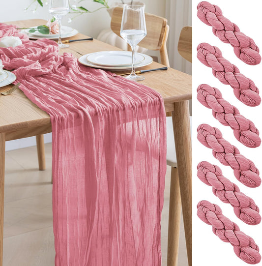 Asee'm 6pcs Cheesecloth Table Runner 120 Inches Dusty Rose Boho Gauze Cheese Cloth Runner 10FT Rustic Sheer Table Runners for Summer Wedding Baby Shower Holiday Party Decoration