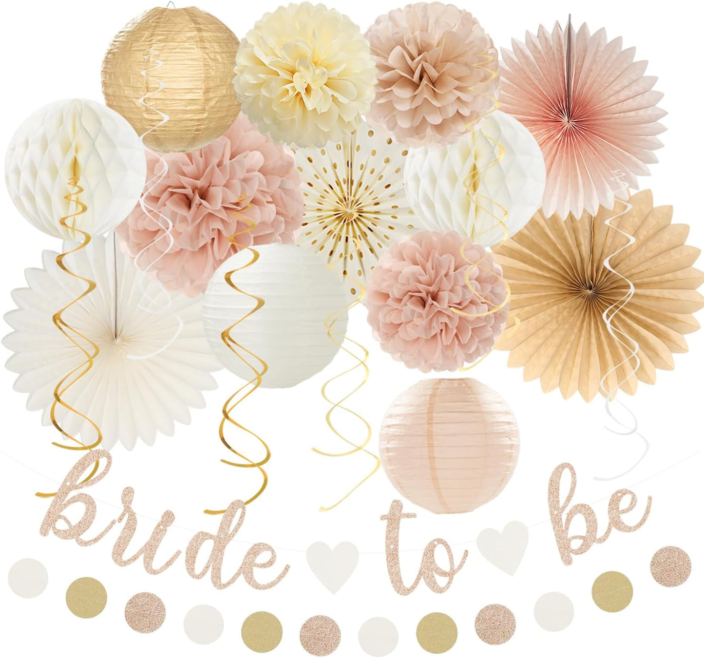 Champagne-Gold Beige Fall Boho Bachelorette Party-Decorations - 21pcs Women Bridal Shower Banner Garland,Bride To Be Paper Streamers Lanterns,Flower Tissue Pom Poms Fan Favors Wedding Decor Huglony