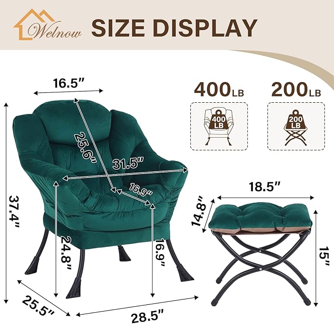 Welnow Lazy Chair with Ottoman, Modern Accent Chair with Armrests and a Side - Image 3