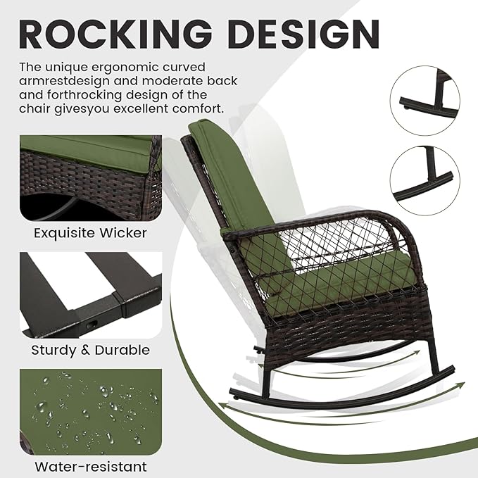 LEVELEVE 3 pcs Rocking Bistro Set Conversation Chairs PE Wicker Outdoor Rocking - Image 3
