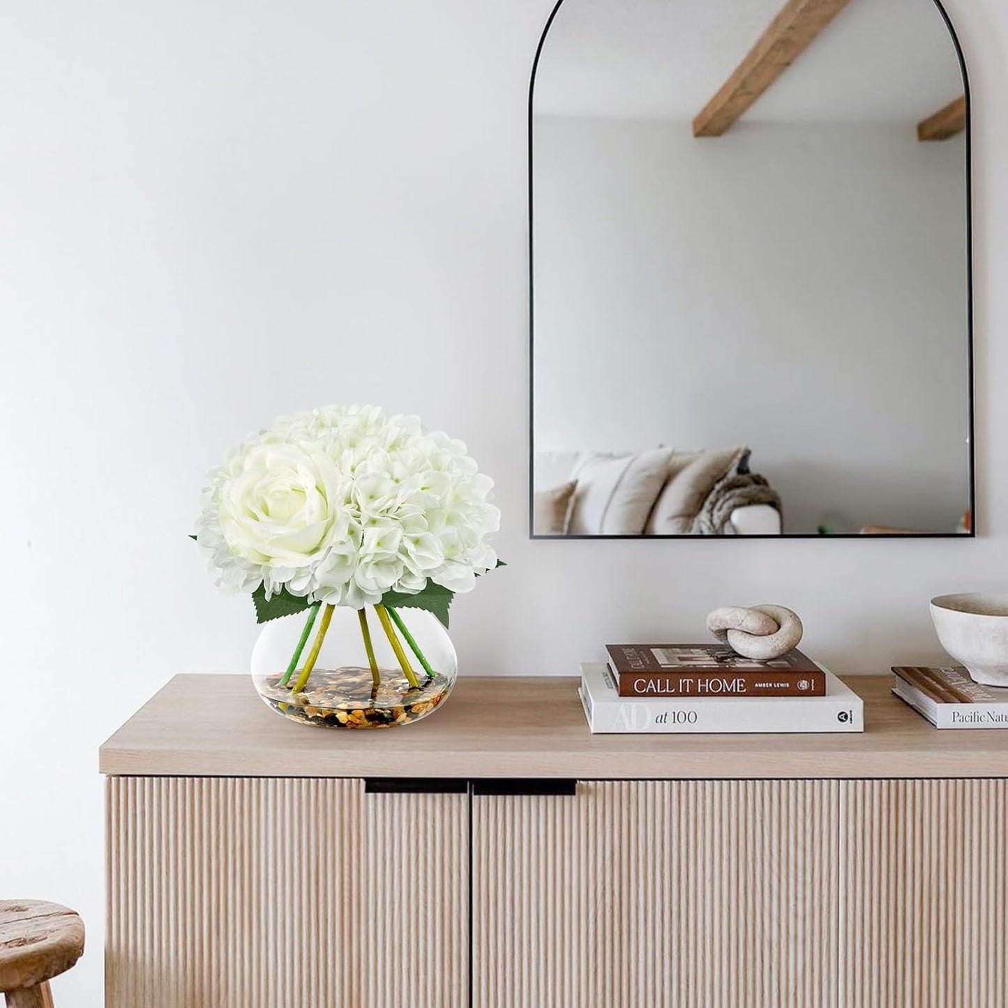 N&T NIETING Artificial Hydrangea Flowers with Vase White Fake Flowers with Rose Faux Hydrangea Flowers with Faux Water Real Stone for Home Office Table Room Wedding Centerpiece Decorations