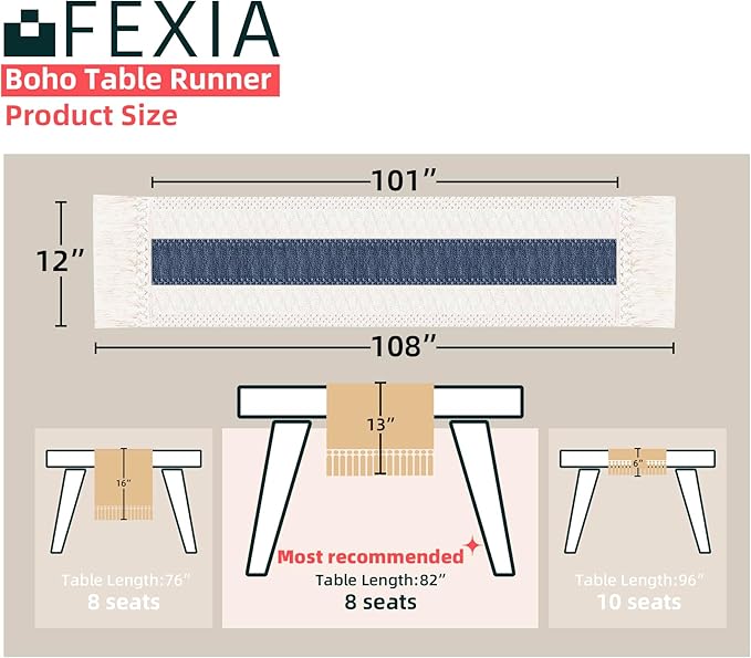 FEXIA Boho Blue Table Runner 108 Inches Long - Image 2