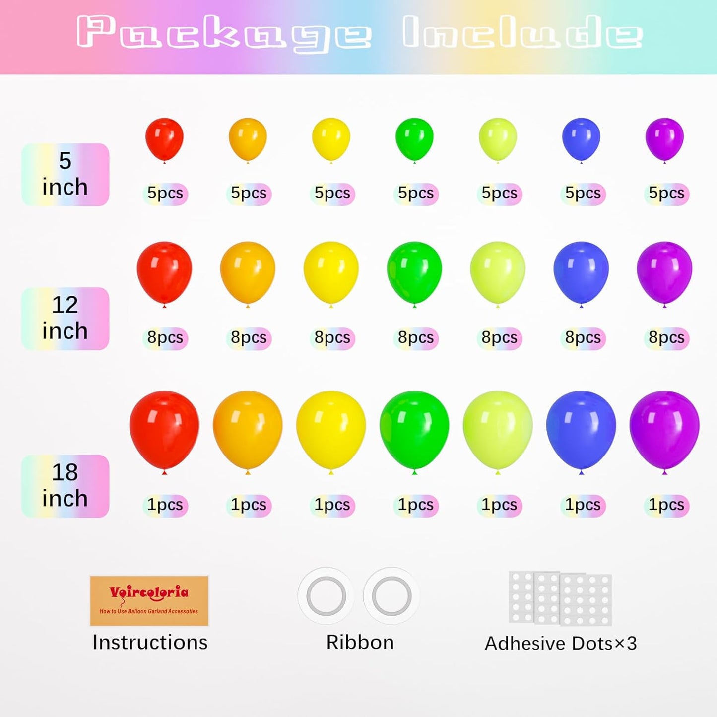 98pack Rainbow Balloons Different Size 18/12/10/5 Inch Rainbow Colorful Balloon Garland Arch Kit for Graduation, Wedding, Birthday, New Year, Anniversary Party Decorations