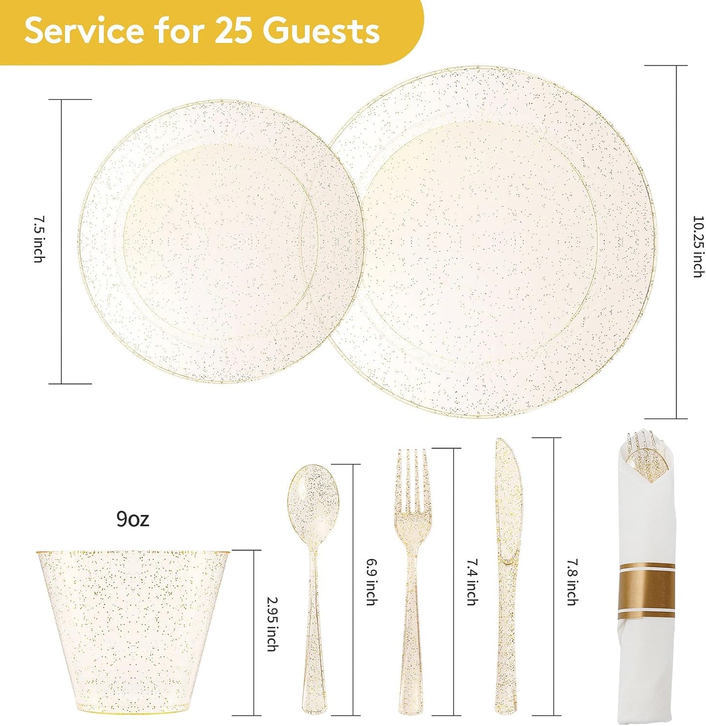 Goodluck 175 Piece Gold Glitter Plastic Dinnerware Set for 25 Guests, Fancy Disposable Plates for Party, Include: 25 Dinner Plates, 25 Dessert Plates, 25 Pre Rolled Napkins with Silverware, 25 Cups