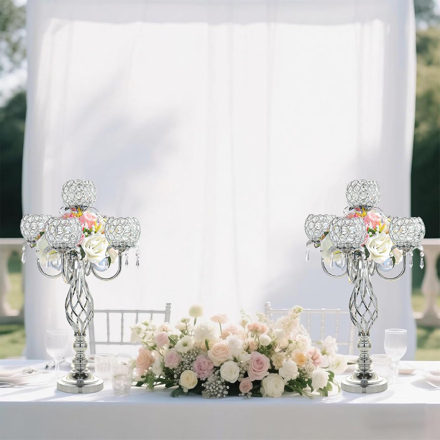 5-Arm Crystal Candelabra Centerpiece 23.2" Tall - Elegant Candle Holder Stand with Crystal Bowl, Chic Table Decor for Weddings, Parties, Anniversary & Home Decoration (2, Silver)