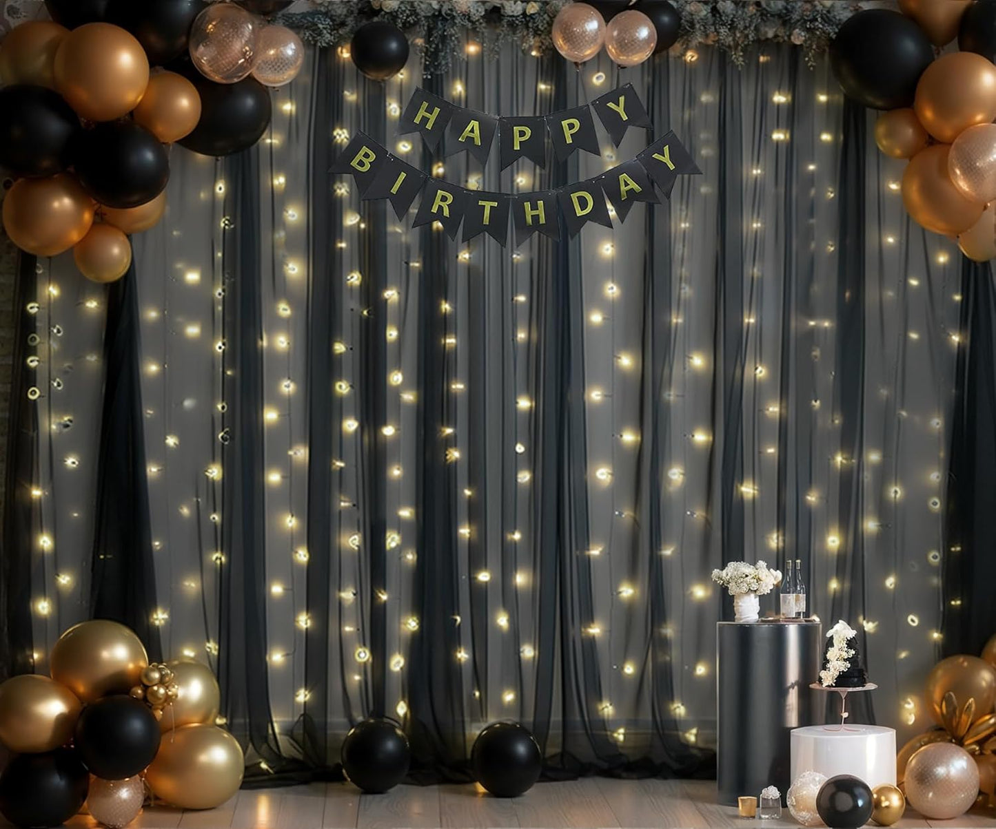 Black Backdrop Curtains with Lights String for Parties Wedding Bridal Shower 10×10ft Sheer Tulle Backdrop Curtain Panels for Baby Shower Birthday Party Photo Shoot Background Wall Decorations