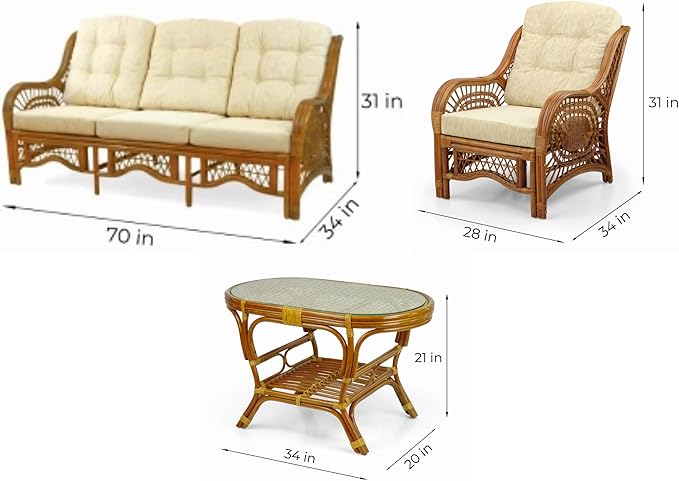 Malibu Lounge Set of 4: 2 Natural Rattan Wicker Chairs, Three-Seater Sofa - Image 3
