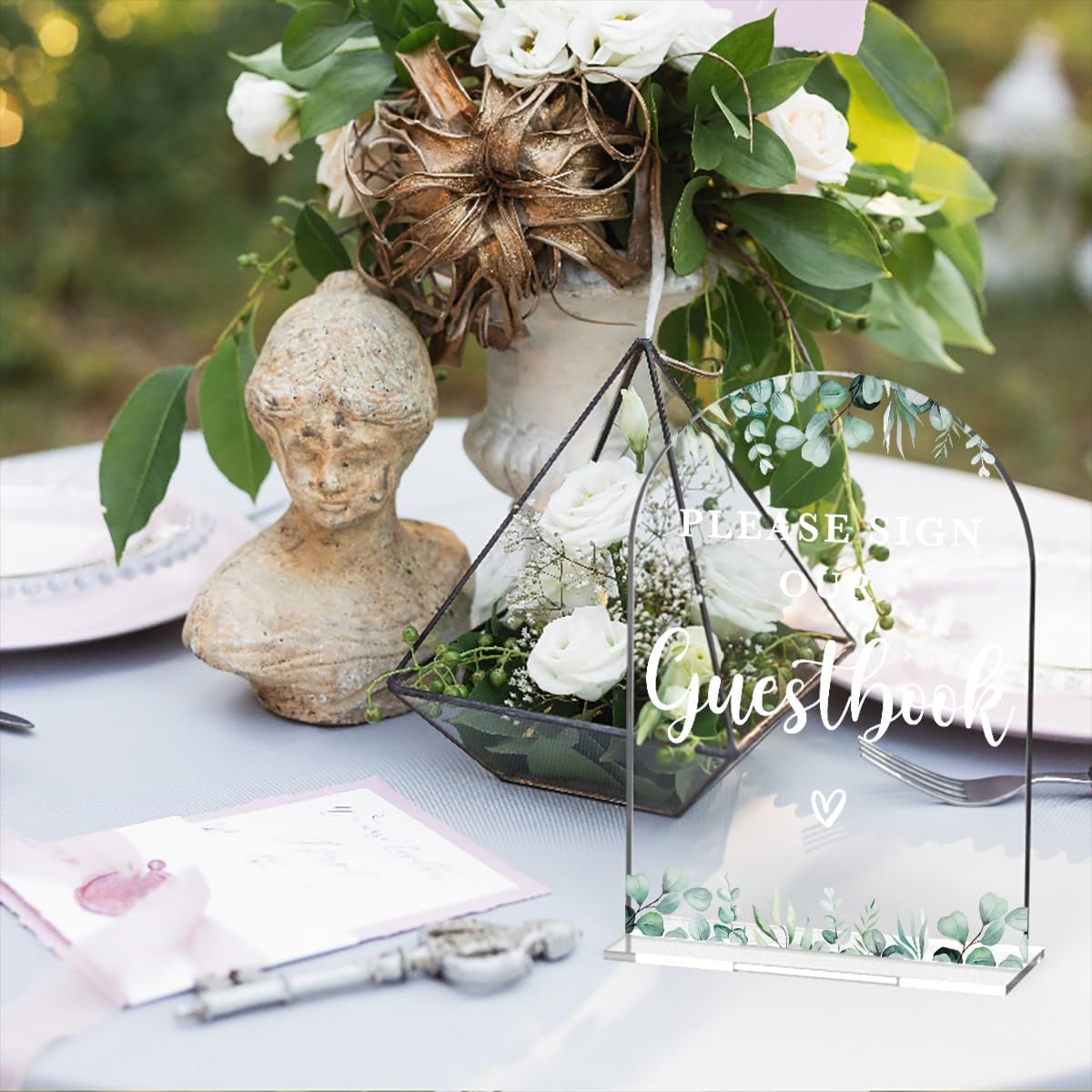Acrylic Wedding Sign Please Sign Our Guestbook Signs for Ceremony Modern Calligraphy Arch Acrylic Table Top Signs for Wedding Reception and Event Party Table Decor (Eucalyptus Leaves)