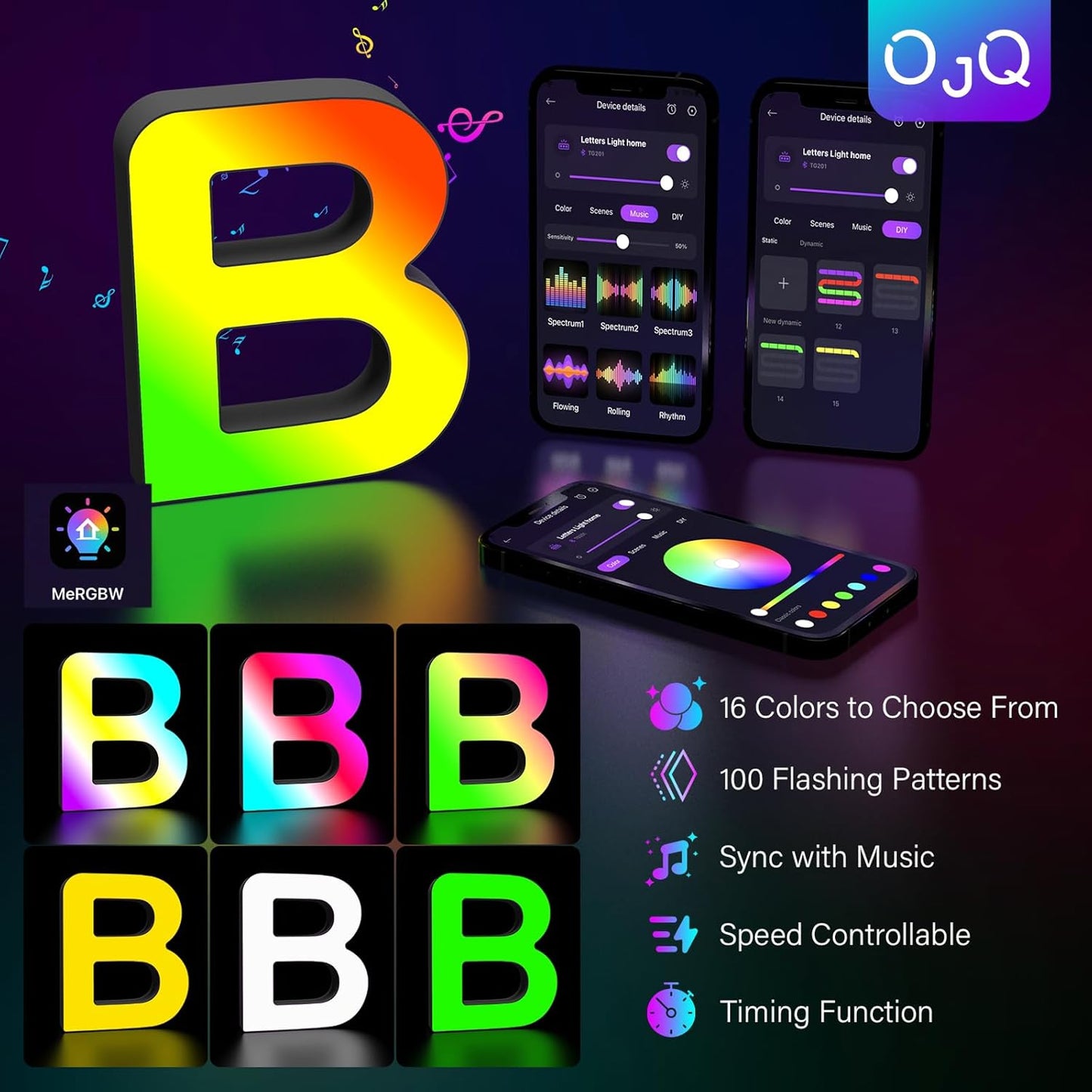 OJQ Light Up Letters LED Letter - Marquee Letters Room Decor Alphabet Letter Music Sync Color Change Colorful - Christmas Birthday Gifts for Girl - Teen Girls Gifts Party Home Wall Decor