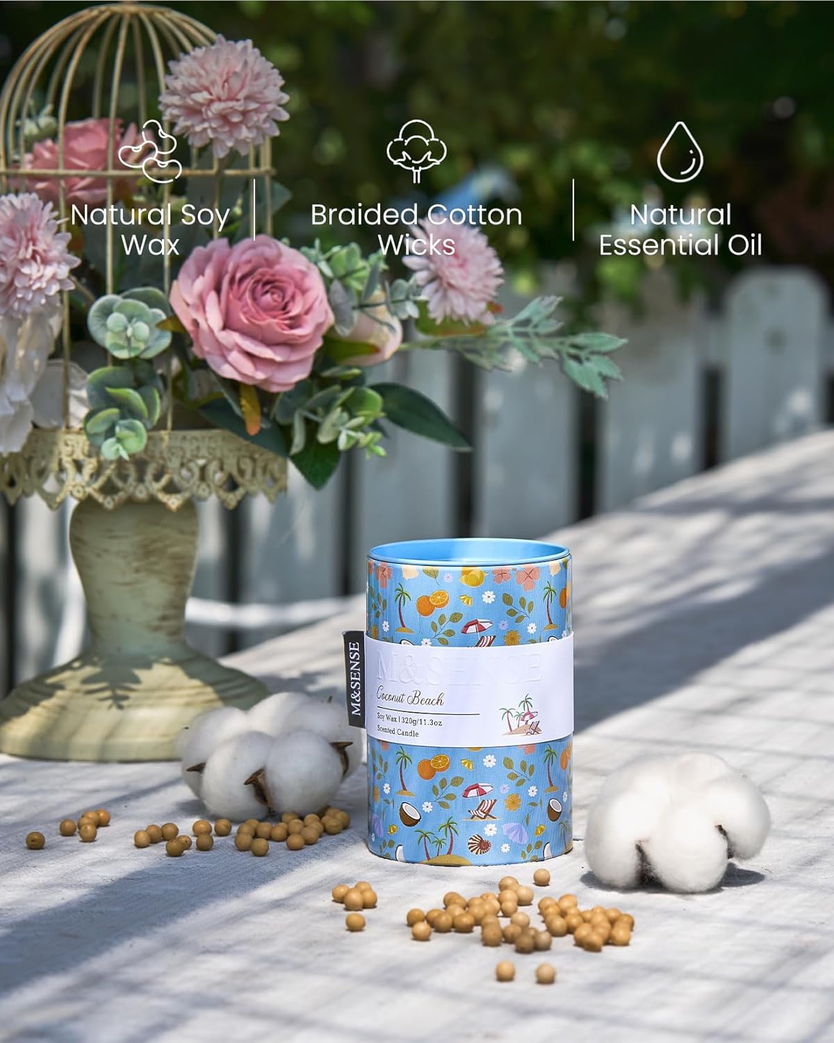M&SENSE Coconut Beach Scented Candle, Medium Jar Candle 11.3oz Natural Soy Wax for Home Scented, Floral Candles Gift for Spring Holiday, Up to 70 Hours Burning Long-Lasting Fragrance