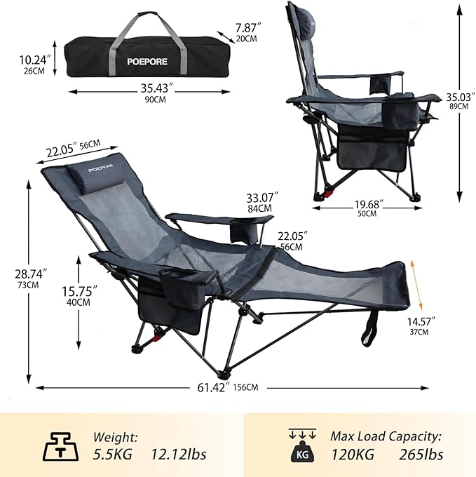 Reclining Camping Chair with Removable Footrest Lounge Chair with Headrest - Image 3