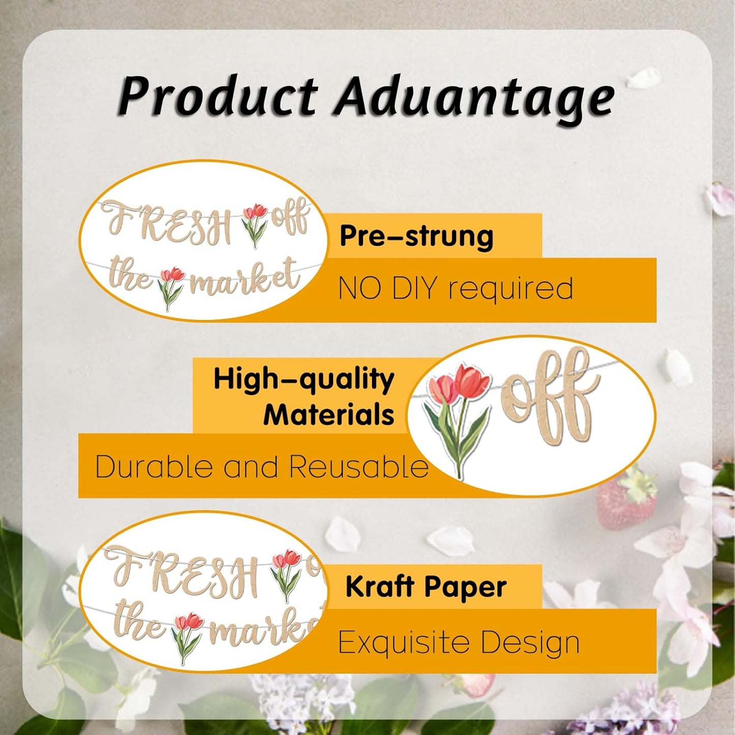 Fresh Off The Market Bridal Shower Banner, Vintage Farmers Market Floral Theme Wedding Banner for Bachelorette Wedding Engagement Party Decorations Supplies, No DIY.