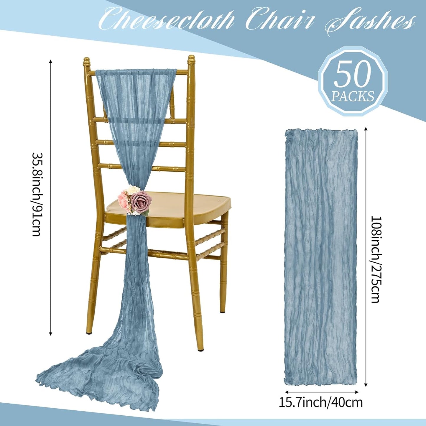 50 PCS Cheesecloth Chair Sashes, Bows Designed ChairSashes, 15.7x108 inch Chair Sashes for Aisle Decorations Universal Chairs Cover Decoration for Wedding Reception Party Banquet (Dusty Blue)