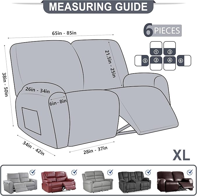 ANARACHON Leather Look Loveseat Recliner Cover, 6-Pieces Stretch Dual Recliner - Image 3