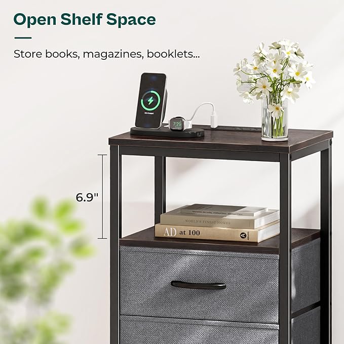 Huuger Nightstand with Charging Station, Fabric Drawers, End Table with Open - Image 7