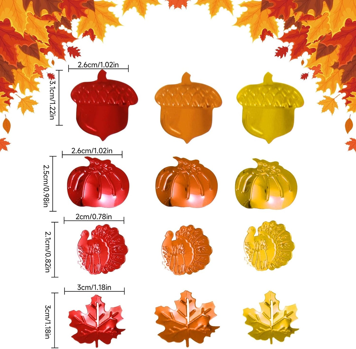 200 Pieces Fall Confetti, Thanksgiving Maple Leaves, Turkey, Pumpkin, Acorn Sprinkles Foil Metallic Table Scatter Confetti for Fall Party