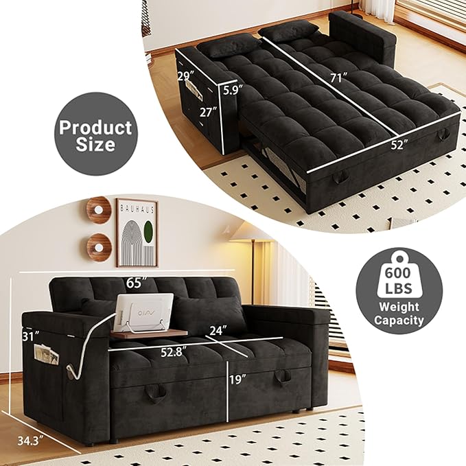 3 in 1 Convertible Sleeper Sofa, 65in Sleeper Couch - Image 2