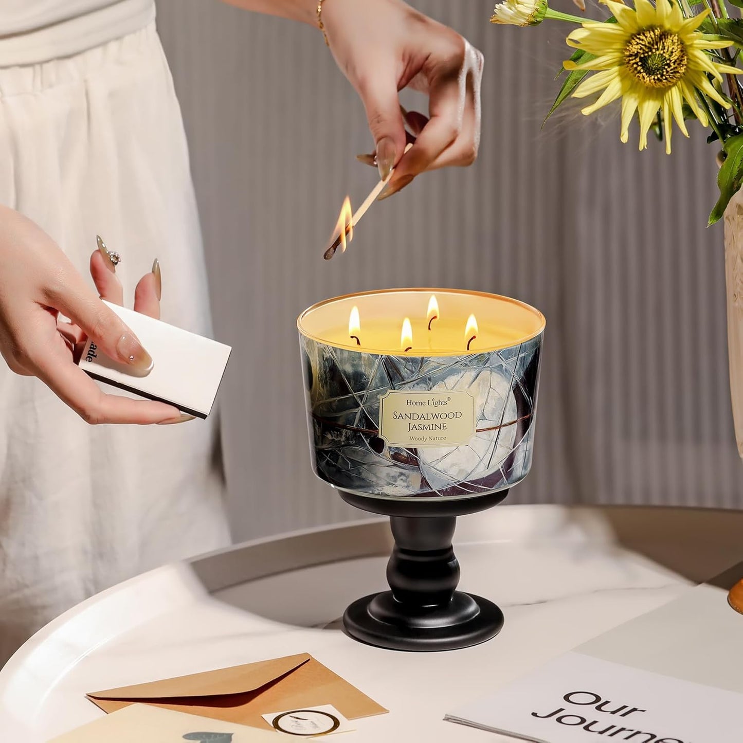 HomeLights Soy Wax Candles for Home Scented, 4-Wick Candles in Sandalwood Jasmine Scented, Industrial Chic Aromatherapy Candles Gift for Parties, Relaxing, 18oz