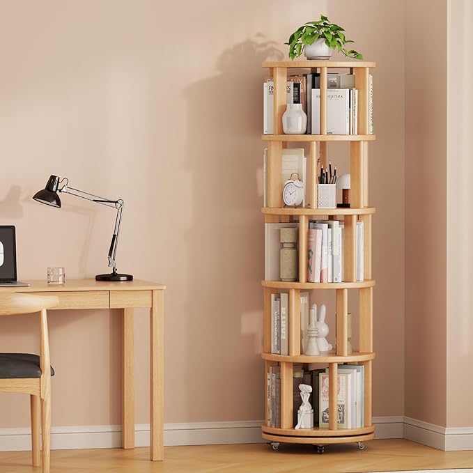 Muwuele Solid Wood Rotating Bookshelf on Wheels, 5 Tier, Round Revolving - Image 9
