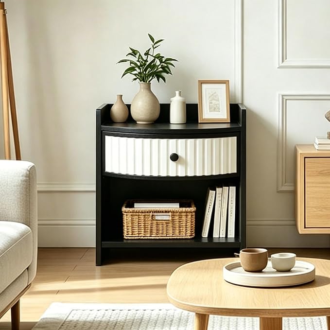 Wooden Nightstand with Drawer and Open Storage Shelf, Curved Front Bedside Table - Image 8