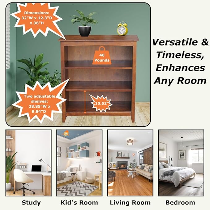 Solid Wood Bookcase 36" High, Adjustable Shelves, Kitchen/Dining Furniture - Image 4