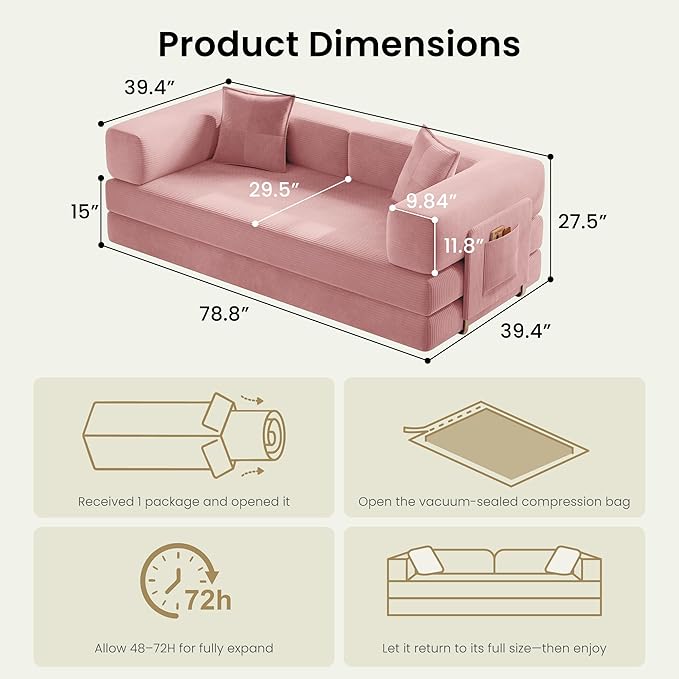 78.8" Convertible Futon Sofa Bed, Corduroy Futon Couch - Image 2