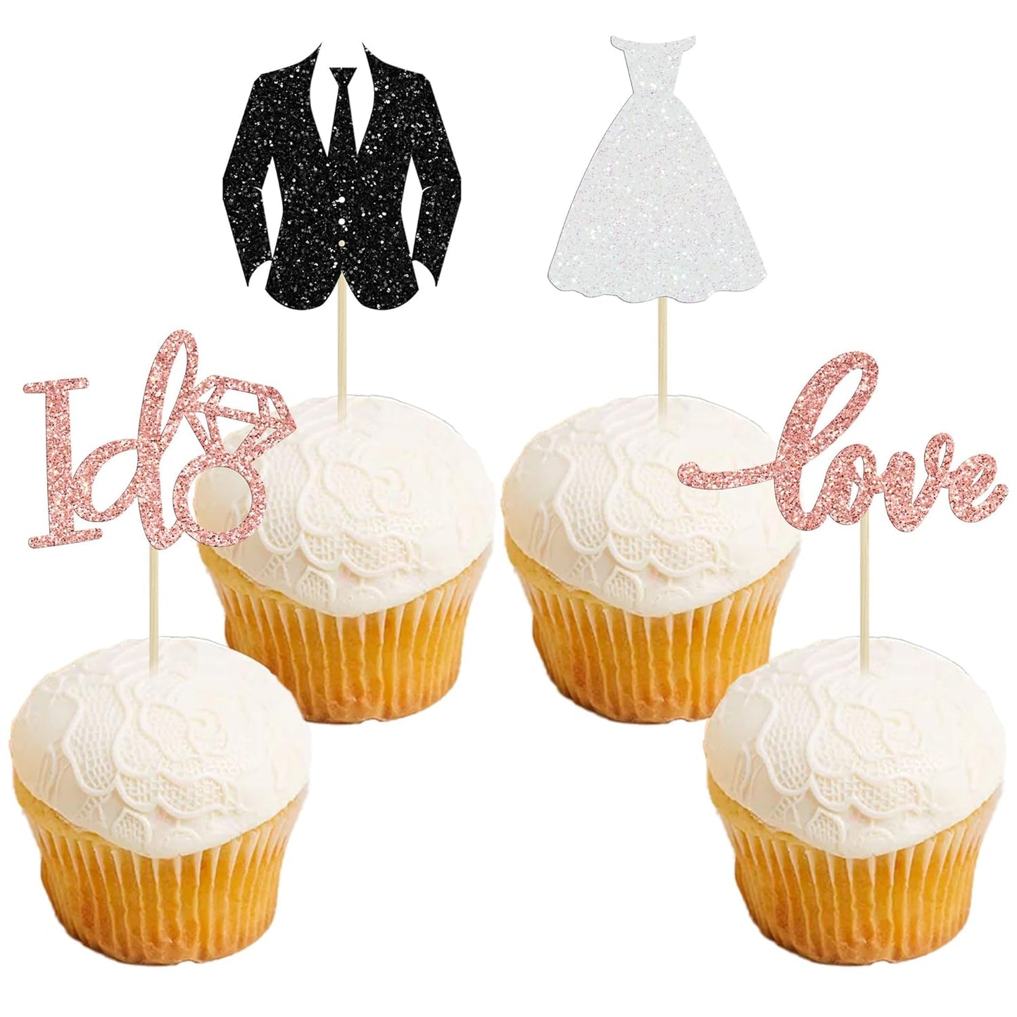 Gyufise 24 Pack Wedding Cupcake Toppers Glitter Groom and Bride Love I Do Cupcake Picks for Bridal Shower Wedding Engagement Party Cake Decorations Supplies