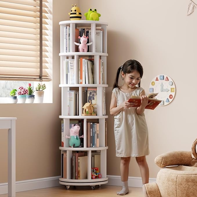 Muwuele Solid Wood Rotating Bookshelf on Wheels, 5 Tier, Round Revolving - Image 3