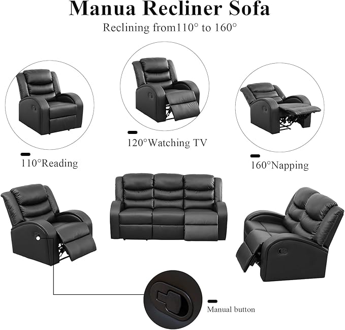 3-Piece Couch Living Room Furniture Sets, Sectional Recliner Sofa Set, Leather - Image 5