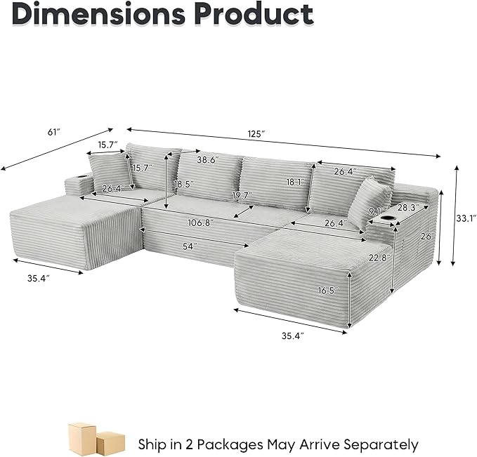 125 Inch Modular Sectional Sofa, Cloud Couch Oversized U Shaped Corduroy Sofa - Image 2