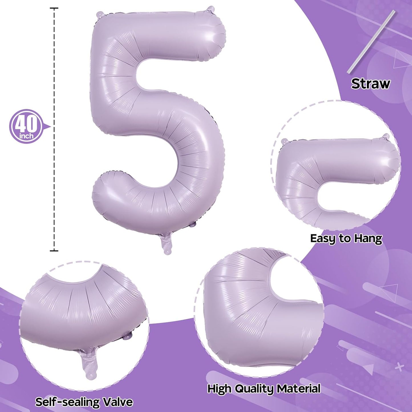 50th Birthday Balloons Pastel Purple for Women, 40 Inch Giant Light Purple Mylar Foil Number 50 Helium Balloons Self Inflating, Lavender Globos Numero 5 & 0 for Anniversary Party Decorations Supplies
