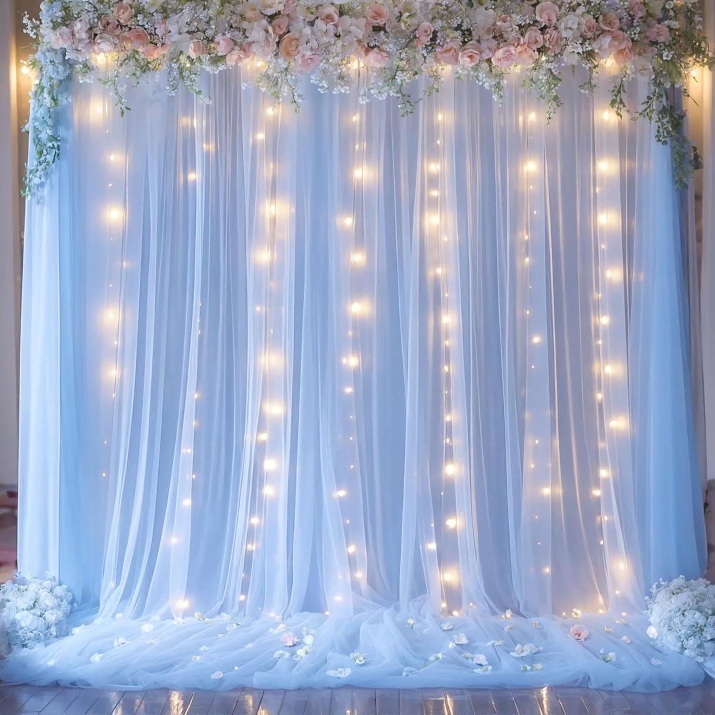 Blue Tulle Backdrop Curtains with Lights String for Parites Baby Shower 30×8ft Blue Sheer Backdrop Curtains Drapes for Bridal Shower Birthday Party Photo Shoot Background Decorations(6 Panels 5×8ft)