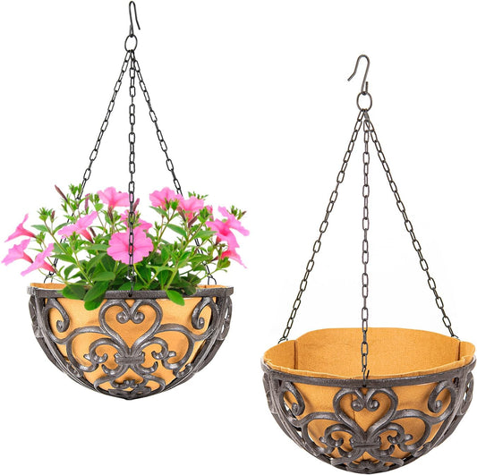Sungmor 2PC 11" Dia. Large Cast Iron Hanging Baskets w/Fabric Liner, Rustic Brown Heavy-Duty Outdoor Hanging Planters Plant Pot Holders, Garden Yard Terrace Patio Porch Decorative Metal Flower Basket